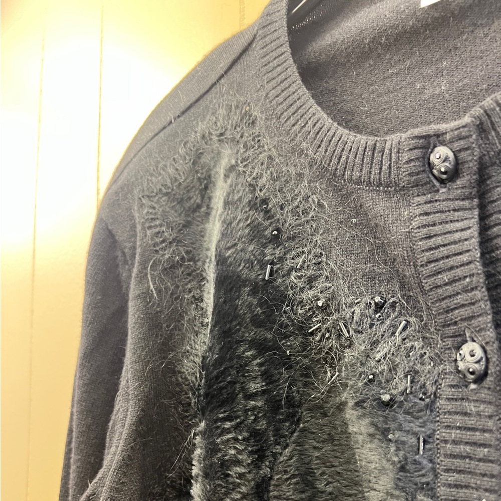 Escada Beaded Fur Wool Blend Cardigan Sweater Size Large Solid Black - Picture 2 of 8